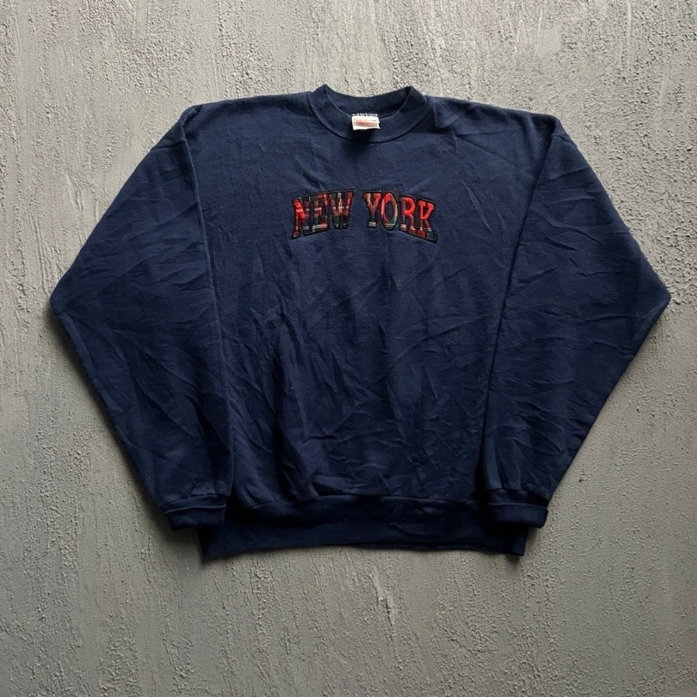 Vintage New York Sweatshirt XL Blue 1990s Plaid Embroidery USA